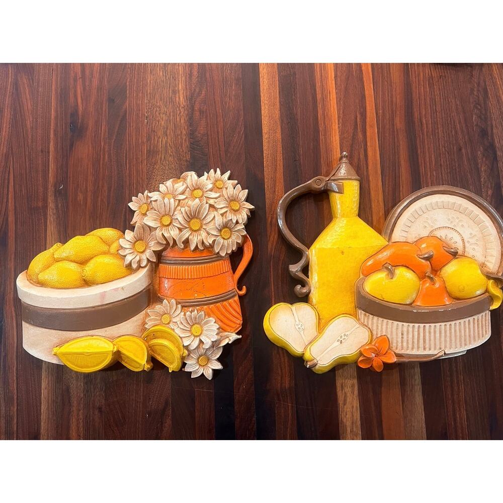 Vintage 1970s Homco Fruit & Floral Wall Plaques Set of 2 Retro Kitchen Decor